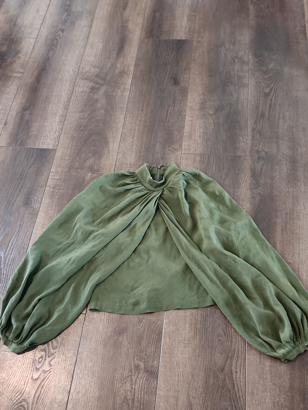 CO Olive High-Neck Blouse with Balloon Sleeves